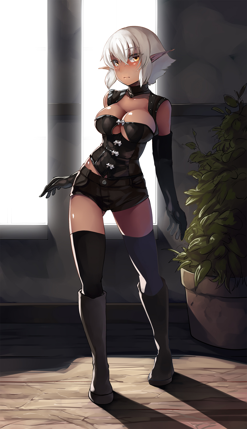 1girl bangs black_boots black_gloves black_legwear blush boots breasts brown_eyes cleavage cleavage_cutout closed_mouth dark_elf dark_skin detached_collar elbow_gloves elf full_body gloves gluteal_fold highres knee_boots large_breasts original plant pointy_ears potted_plant shadow shaun_(fallenicons) short_hair short_shorts shorts solo standing thigh-highs white_hair window wooden_floor