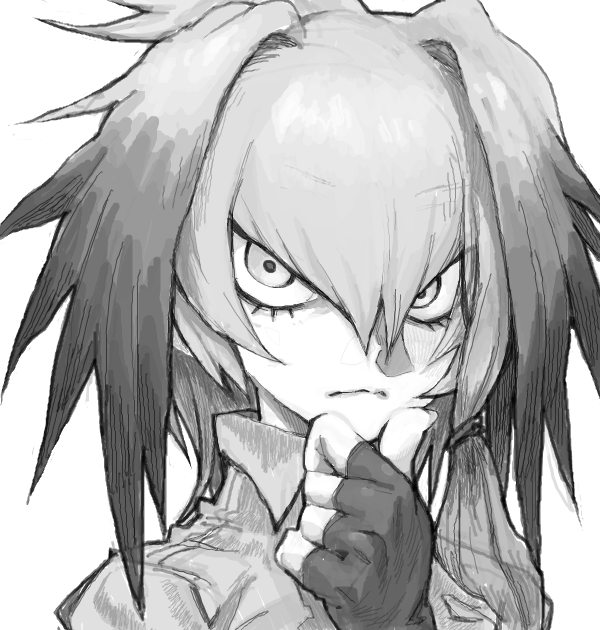 1girl bokotops chin_stroking eyebrows_visible_through_hair fingerless_gloves gloves head_wings kemono_friends looking_at_viewer monochrome shirt shoebill_(kemono_friends) side_ponytail solo thinking