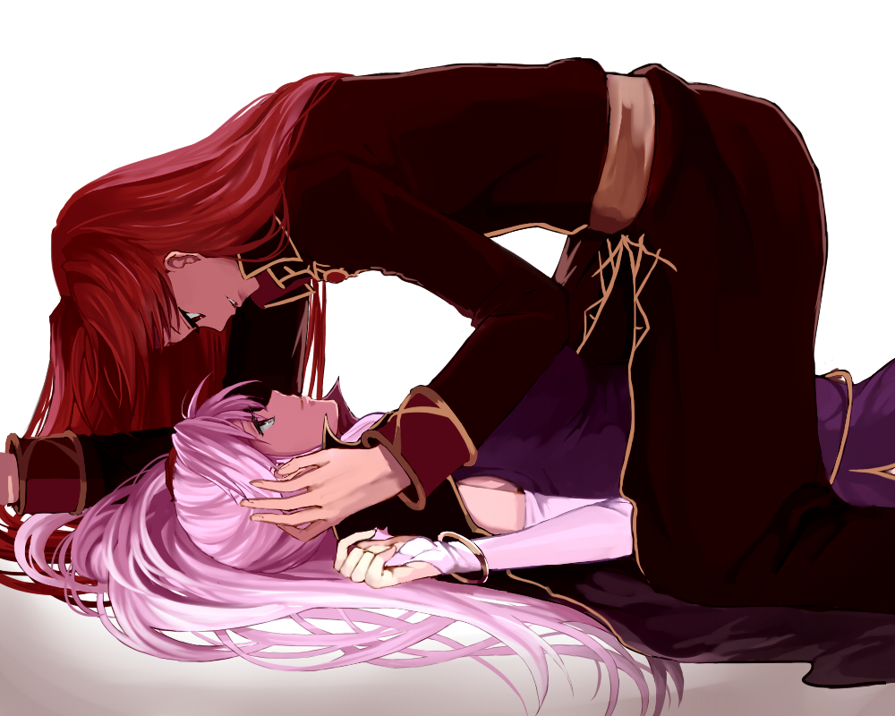 1boy 1girl bracelet breasts delsaber dress elbow_gloves face-to-face fingerless_gloves fire_emblem fire_emblem:_seisen_no_keifu gloves grin hand_on_another's_head hetero ishtar_(fire_emblem) jewelry kneeling long_hair lying on_back pink_eyes pink_hair pinned red_eyes redhead robe sash simple_background smile straddling white_background yurius_(fire_emblem)