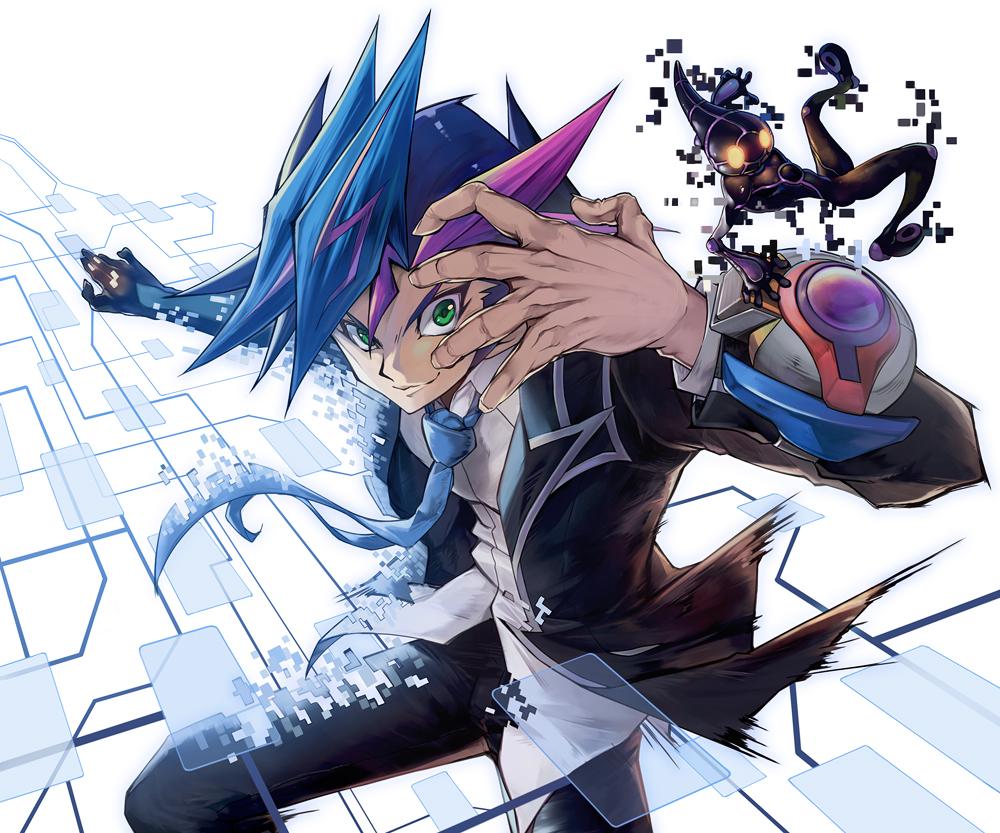 1boy blazer blue_hair blue_necktie closed_mouth cowboy_shot digital_dissolve fujiki_yuusaku green_eyes jacket lazward male_focus multicolored_hair necktie open_clothes open_jacket outstretched_arm pink_hair school_uniform smile spiky_hair transformation white_background yellow_eyes yu-gi-oh! yuu-gi-ou_vrains