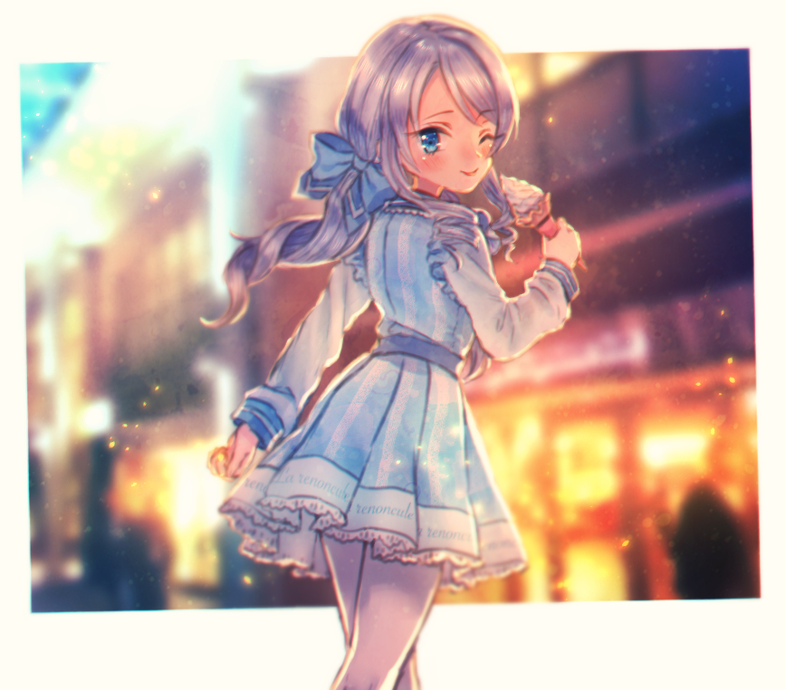 1girl ;) blue_bow blue_dress blurry blurry_background bow dress food hair_bow ice_cream looking_back moe_(hamhamham) one_eye_closed outdoors personification pokemon silver_hair smile solo twintails white_legwear