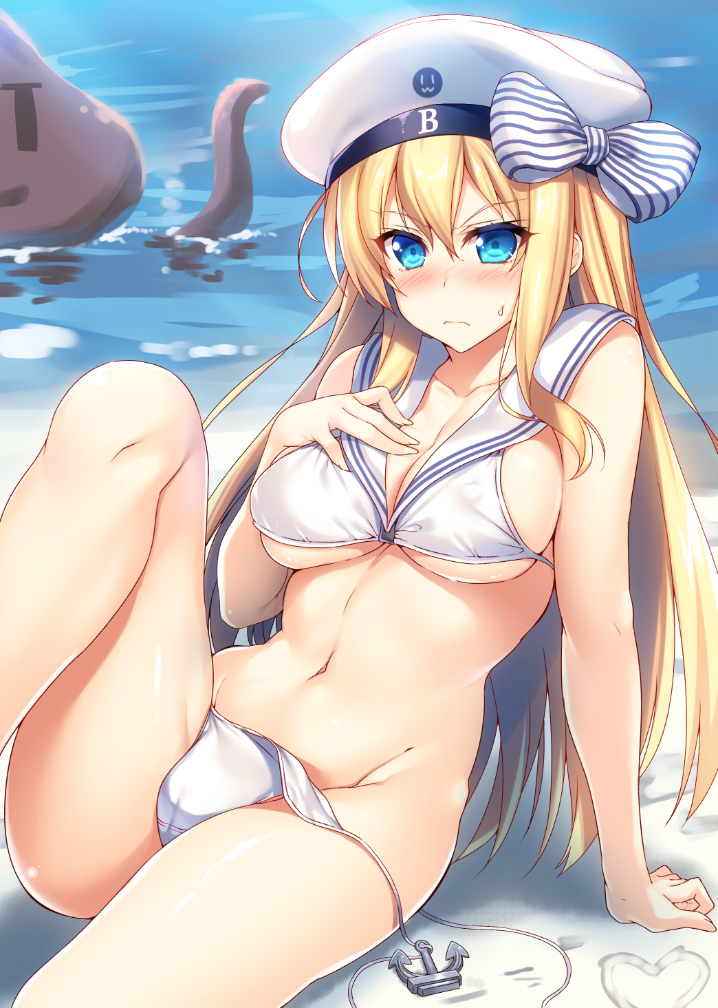 &gt;:( 1girl alternate_costume arm_support beach bikini bismarck_(kantai_collection) blonde_hair blue_eyes blush breasts cleavage collarbone cosplay day frown groin hair_between_eyes hand_on_own_chest hat heart highres kantai_collection knee_up large_breasts looking_at_viewer midriff navel outdoors raiou revision sailor_bikini sailor_collar sand sand_writing sideboob sitting sweatdrop swimsuit thighs under_boob untied untied_bikini water white_bikini white_hat z3_max_schultz_(kantai_collection) z3_max_schultz_(kantai_collection)_(cosplay)
