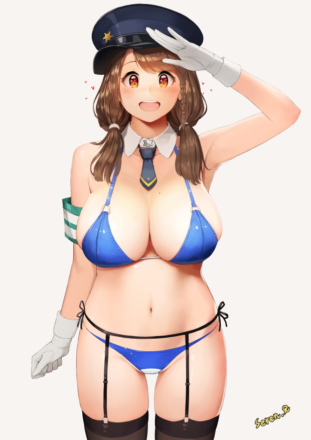 1girl :d armband armpits bikini black_legwear blue_bikini blush braid breasts brown_hair cleavage detached_collar garter_belt garter_straps gloves hat heart large_breasts long_hair looking_at_viewer mini_necktie necktie open_mouth orange_eyes original police police_hat police_uniform policewoman rak_(kuraga) salute simple_background single_braid smile solo swimsuit thigh-highs uniform white_gloves