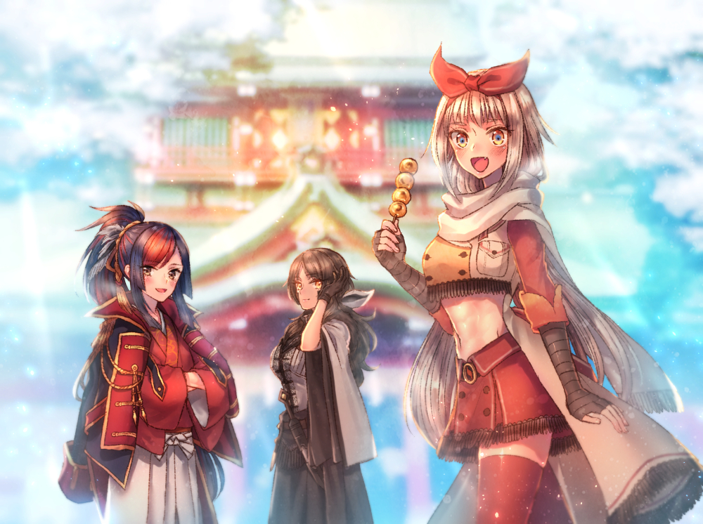 3girls :d architecture black_gloves blaziken blurry blurry_background bow brown_dress brown_gloves brown_hair crossed_arms dango dress east_asian_architecture fingerless_gloves food gloves hair_bow knife long_hair looking_at_viewer midriff mightyena moe_(hamhamham) multicolored_hair multiple_girls navel open_mouth outdoors personification pokemon ponytail red_legwear red_skirt redhead scarf sheath sheathed skirt smile standing swellow two-tone_hair very_long_hair wagashi white_hair white_scarf