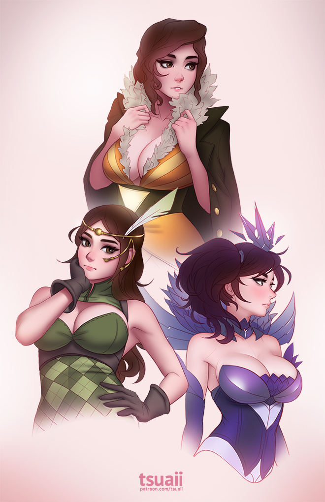 3girls artist_name bare_shoulders black_gloves breasts brown_eyes brown_hair cleavage coat cosplay dress elbow_gloves elementalist_lux elementalist_lux_(cosplay) feathers fire_emblem fire_emblem:_kakusei gloves green_dress hair_feathers hand_on_hip hand_on_own_face jonathan_hamilton large_breasts league_of_legends long_hair looking_at_viewer mea_(jonathan_hamilton) multiple_girls noire_(fire_emblem) noire_(fire_emblem)_(cosplay) orange_dress original parted_lips profile purple_dress purple_gloves red_(transistor) red_(transistor)_(cosplay) side_ponytail transistor_(game) watermark web_address