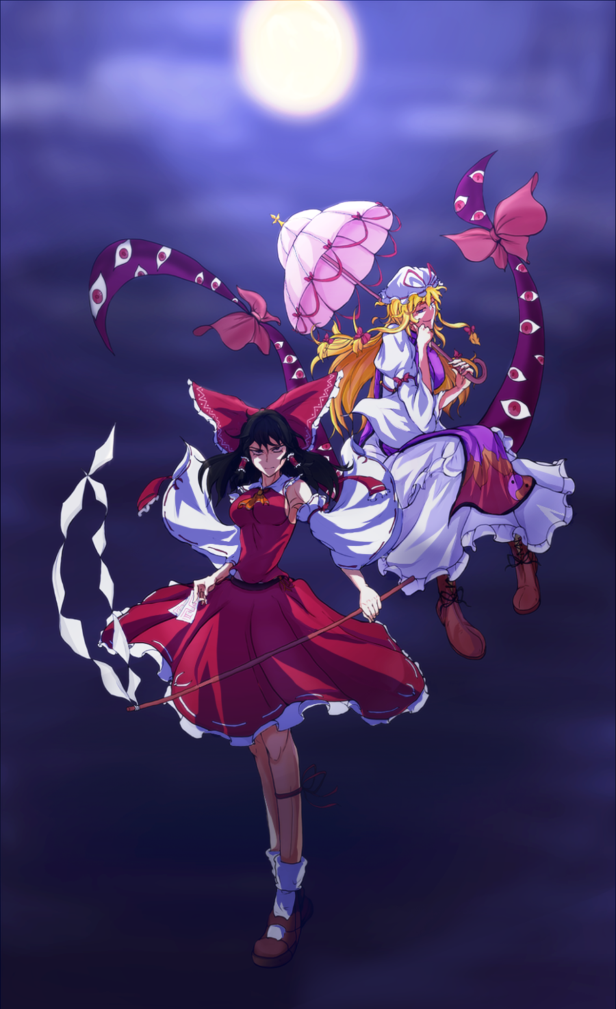 2girls alternate_eye_color backlighting between_fingers black_hair blonde_hair blue_eyes boots bow breasts brown_boots brown_shoes constricted_pupils detached_sleeves dress eyes floating floating_hair frilled_dress frills frown full_moon gap gohei hair_bow hair_tubes hakurei_reimu hat hat_ribbon highres holding holding_umbrella impossible_clothes impossible_shirt large_bow large_breasts leg_ribbon long_hair long_sleeves looking_at_another looking_at_viewer looking_down medium_breasts mob_cap moon moonlight multiple_girls night night_sky parasol red_eyes red_shirt red_skirt ribbon ribbon-trimmed_skirt ribbon-trimmed_sleeves ribbon_trim serious shirt shoes sideboob skirt sky sleeveless sleeveless_shirt smirk tabard talismans touhou umbrella very_long_hair white_dress white_legwear wide_sleeves xian_gu yakumo_yukari