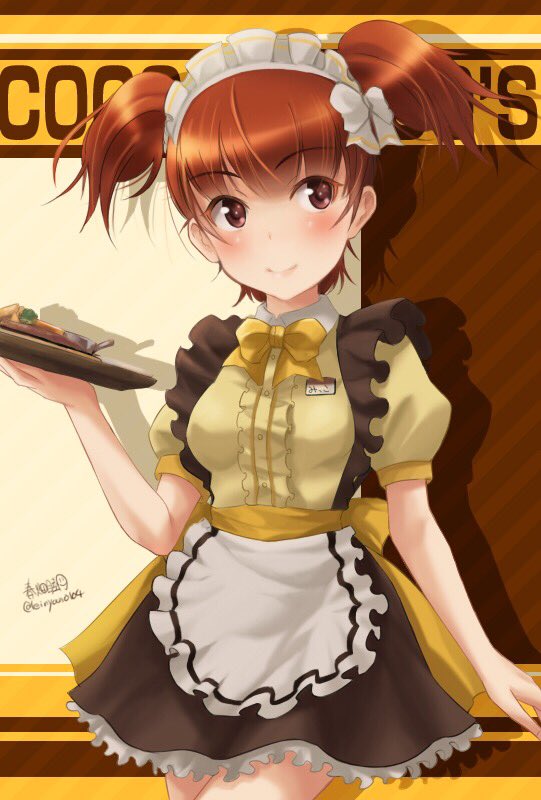 1girl alternate_costume apron artist_name bangs blush bow coco's cowboy_shot dress girls_und_panzer haruhata_mutsuki holding light_smile looking_to_the_side maid_apron maid_headdress mikko_(girls_und_panzer) puffy_short_sleeves puffy_sleeves red_eyes redhead short_dress short_hair short_sleeves short_twintails signature smile solo standing tray twintails twitter_username waitress yellow_bow yellow_dress