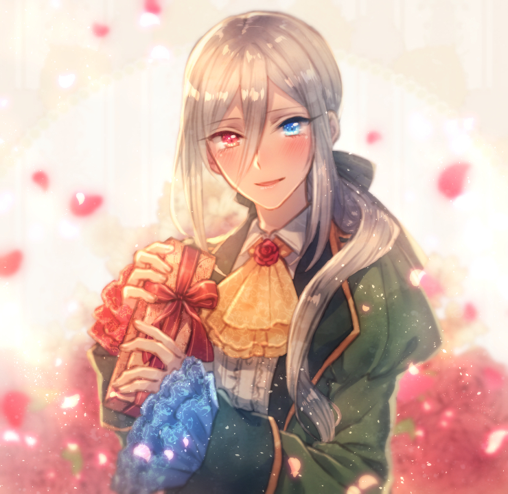 androgynous blue_eyes blush cravat formal gift heterochromia long_hair looking_at_viewer moe_(hamhamham) personification petals pokemon red_eyes roserade smile solo upper_body white_hair