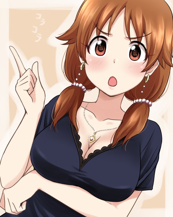 1girl bangs black_shirt breast_hold breasts brown_eyes brown_hair cleavage collarbone earrings eyebrows_visible_through_hair hair_ornament hand_up idolmaster idolmaster_cinderella_girls ikari_manatsu index_finger_raised jewelry katagiri_sanae large_breasts long_hair low_twintails necklace open_mouth pink_lips shirt short_hair short_twintails solo twintails upper_body