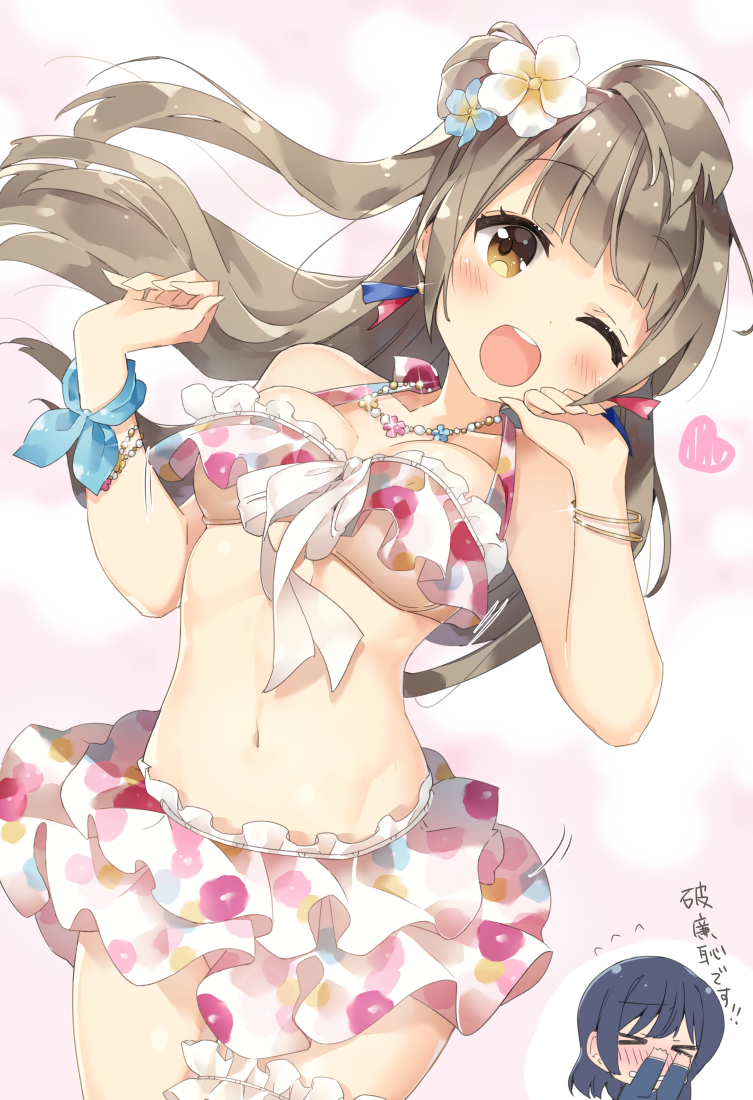 &gt;_&lt; bikini blue_hair breasts brown_eyes brown_hair cleavage closed_eyes commentary_request flower hair_flower hair_ornament jewelry long_hair love_live! love_live!_school_idol_festival love_live!_school_idol_project micopp minami_kotori navel necklace one_eye_closed one_side_up open_mouth orange_hair smile sonoda_umi swimsuit translation_request white_bikini