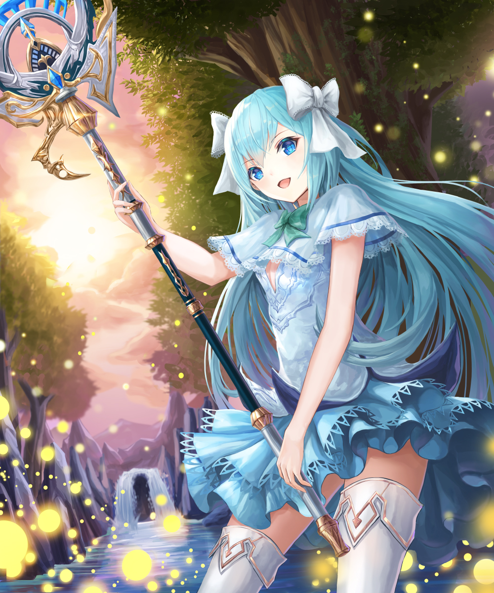 1girl :d aqua_hair bangs bare_arms blue_dress blue_eyes boots bow bowtie breasts capelet cleavage cleavage_cutout clouds cloudy_sky contrapposto cowboy_shot crystal day dress eyebrows_visible_through_hair fantasy gem green_bow green_bowtie hair_bow hand_up highres holding holding_staff holding_weapon lace_trim layered_dress light_particles long_hair looking_at_viewer looking_to_the_side lunacle magical_girl medium_breasts mountain open_mouth original outdoors river rock scenery shiny shiny_hair sky sleeveless sleeveless_dress smile solo staff standing thigh-highs thigh_boots tree water waterfall weapon white_boots white_bow wind zettai_ryouiki