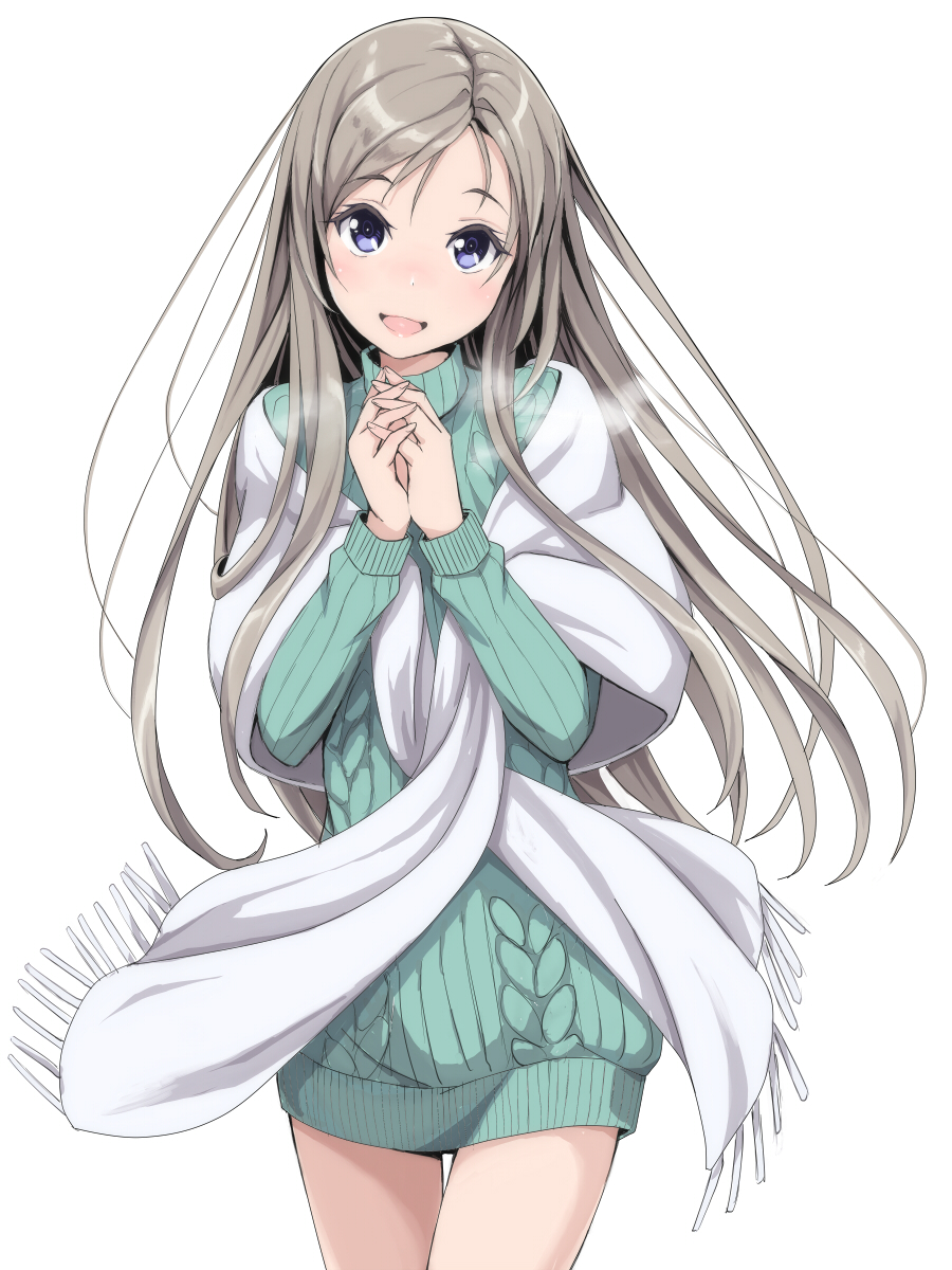 1girl :d blue_eyes brown_hair cowboy_shot hands_together highres kimagure_blue long_hair looking_at_viewer open_mouth original ribbed_sweater scarf smile standing sweater white_background white_scarf
