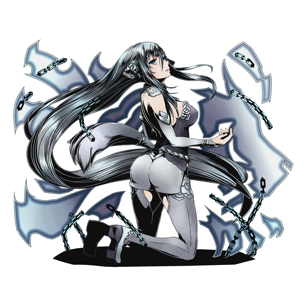 1girl absurdly_long_hair breasts detached_sleeves divine_gate floating_hair full_body grey_eyes grey_skirt kneeling kousoku_juu large_breasts long_hair namari_(kousoku_juu) official_art shadow sideboob silver_hair skirt solo tail transparent_background ucmm very_long_hair