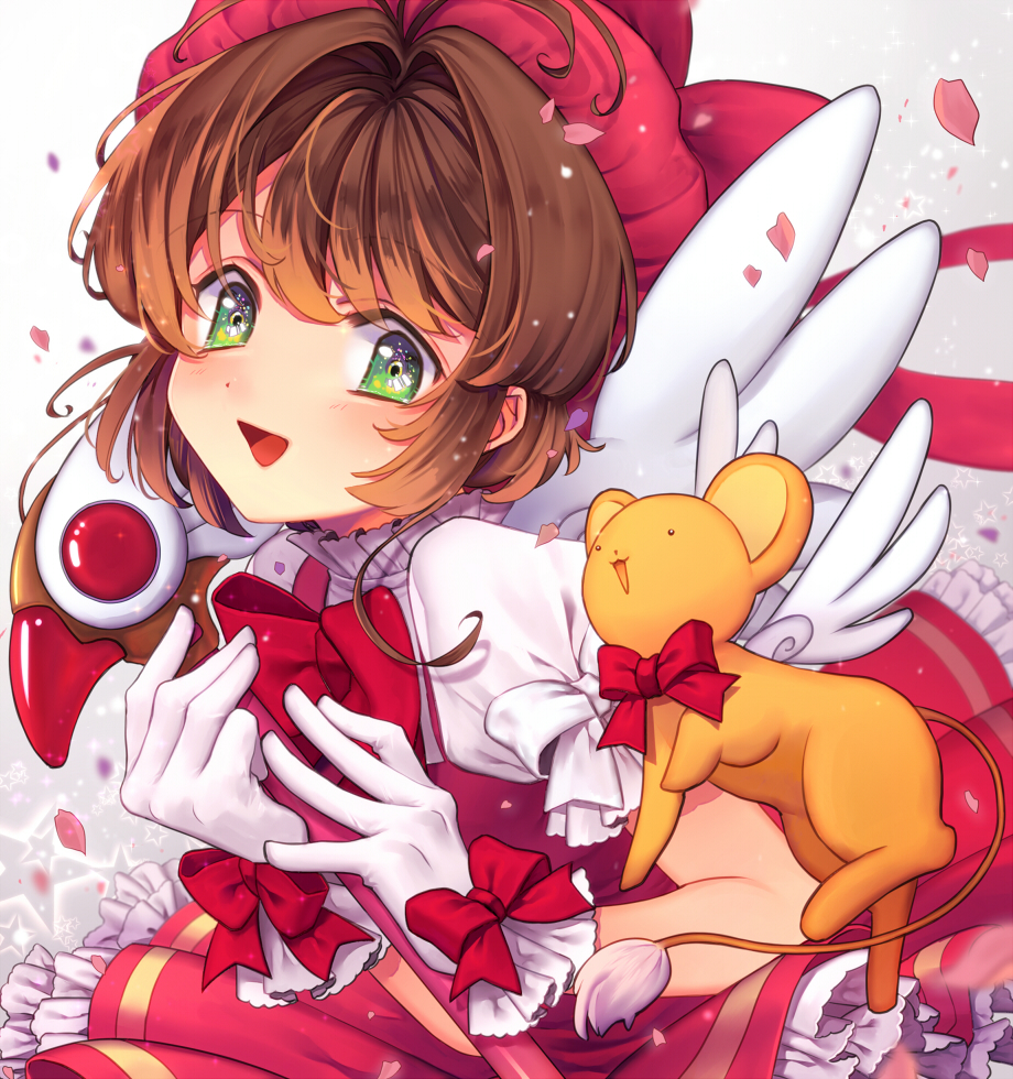 brown_hair card_captor_sakura green_eyes hat kero kinomoto_sakura magical_girl pink_hat short_hair wand wings