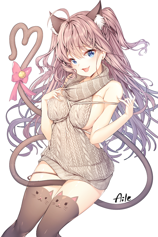 1girl ahoge aile_(crossroads) animal_ears aran_sweater backless_outfit bare_arms bare_shoulders bell black_legwear blue_eyes blush bow breasts brown_hair cat_band_legwear cat_ears cat_tail drawstring dress fang halterneck ichinose_shiki idolmaster idolmaster_cinderella_girls idolmaster_cinderella_girls_starlight_stage jingle_bell kemono_friends large_breasts long_hair looking_at_viewer meme_attire naked_sweater open-back_dress sideboob simple_background sketch sleeveless sleeveless_turtleneck smile solo sweater sweater_dress tail tail_bell tail_bow thigh-highs turtleneck turtleneck_sweater virgin_killer_sweater white_background