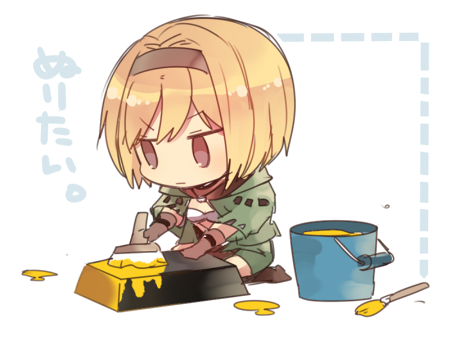 1girl blonde_hair bucket chibi djeeta_(granblue_fantasy) gold_bar granblue_fantasy hairband lowres nozomu144 paint paintbrush short_hair thief_(granblue_fantasy)