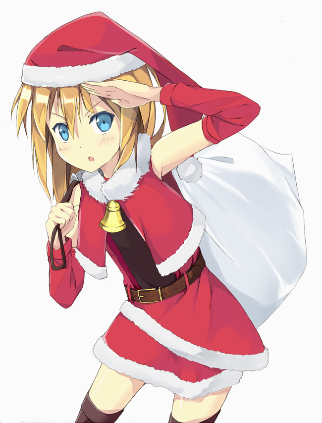 1girl beige_hair bell bell_collar blue_eyes blush christmas collar eyebrows_visible_through_hair hat open_mouth original red_hat sack salute santa_costume santa_hat solo sutorora