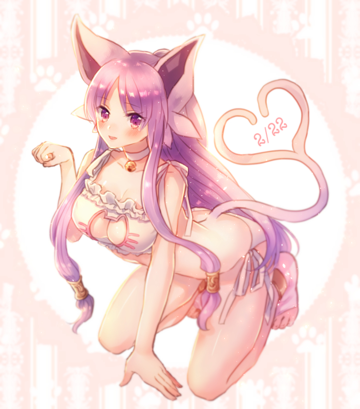 1girl :d all_fours animal_ears bell blush bra breasts cat_cutout cat_ears cat_lingerie choker cleavage cleavage_cutout espeon hair_tubes heart heart_tail jingle_bell long_hair looking_at_viewer meme_attire midriff moe_(hamhamham) open_mouth paw_pose paw_print personification pokemon purple_hair sidelocks smile solo tail under_wear underwear very_long_hair violet_eyes