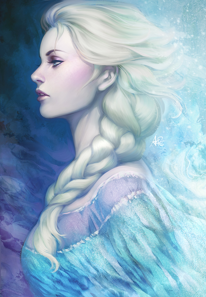 1girl blonde_hair braid breasts dress elsa_(frozen) eyeshadow from_side frozen_(disney) hair_over_shoulder highres lips makeup profile revision single_braid small_breasts solo stanley_lau upper_body