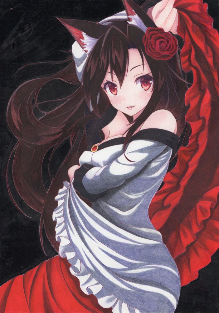 animal_ears arm_over_head bangs bare_shoulders black_background breast_hold breasts brooch brown_hair dress flower hair_flower hair_ornament imaizumi_kagerou jewelry kittona long_sleeves parted_bangs parted_lips red_eyes rose touhou wolf_ears