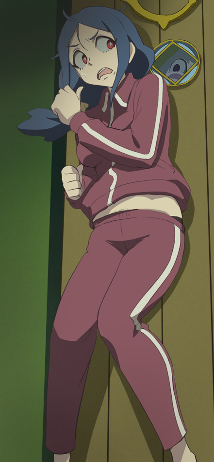 1girl barefoot blue_hair d: haruyama_kazunori little_witch_academia long_hair midriff no_glasses open_mouth red_eyes scared standing track_suit ursula_(little_witch_academia)