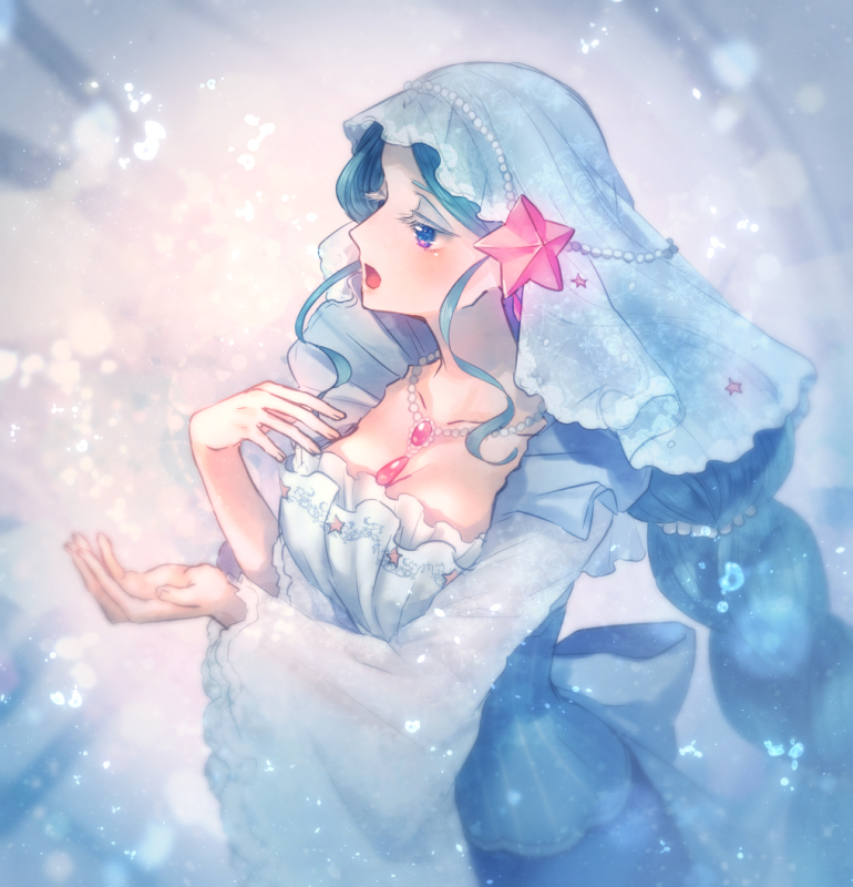 1girl blue_eyes blue_hair braid breasts cleavage jewelry long_hair looking_to_the_side moe_(hamhamham) necklace open_mouth outstretched_hand personification pokemon ponytail primarina solo starfish_hair_ornament veil very_long_hair wide_sleeves