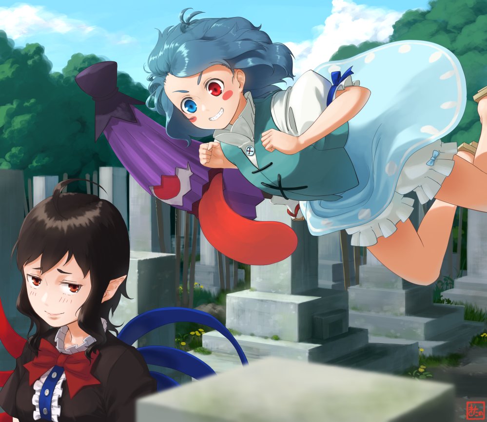 2girls ahoge asymmetrical_wings black_dress black_hair bloomers blue_eyes blue_hair blue_skirt blush blush_stickers clouds commentary_request dress graveyard heterochromia houjuu_nue jumping kitano_(kitanosnowwhite) looking_at_another multiple_girls pointy_ears red_eyes short_hair short_sleeves skirt smile tatara_kogasa tombstone tongue tongue_out touhou tree underwear wings