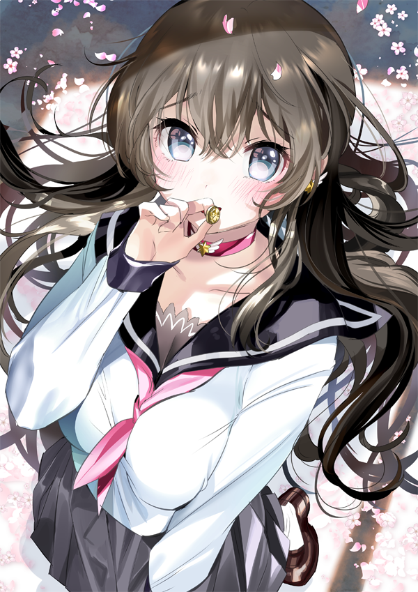 1girl arms_at_sides bangs between_breasts black_skirt blue_eyes blush breasts brown_hair cherry_blossoms collar collarbone commentary_request day from_above hand_up holding kanojo_(yan'yo) large_breasts long_hair looking_at_viewer neckerchief open_mouth original outdoors petals pink_neckerchief pleated_skirt school_uniform serafuku skirt smile solo wavy_hair yan'yo_(yan'yan'yo)