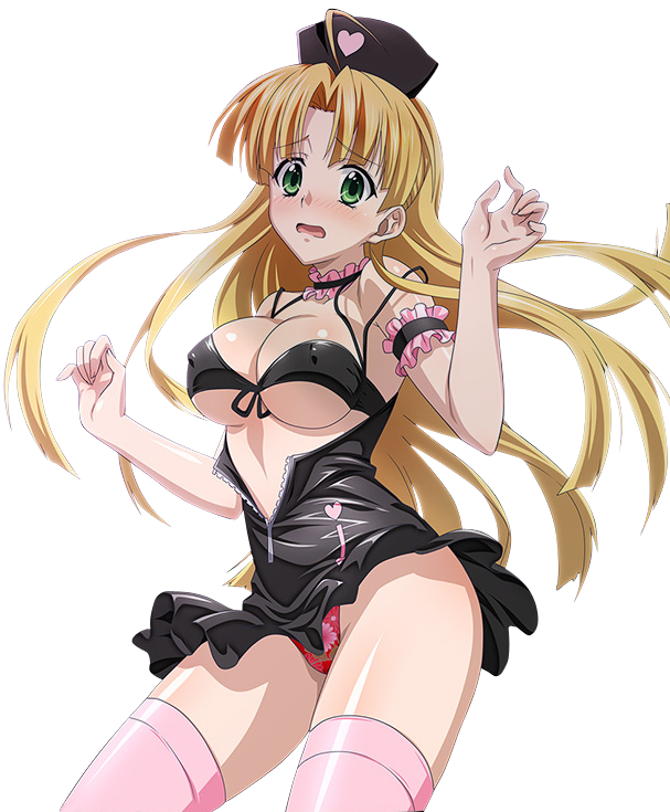 1girl ahoge asia_argento black_dress black_hat blonde_hair breasts choker cleavage cowboy_shot dress eyebrows_visible_through_hair floating_hair front-tie_top green_eyes hat high_school_dxd large_breasts long_hair panties pink_legwear red_panties shiny shiny_skin solo standing thigh-highs transparent_background under_boob underwear unzipped very_long_hair