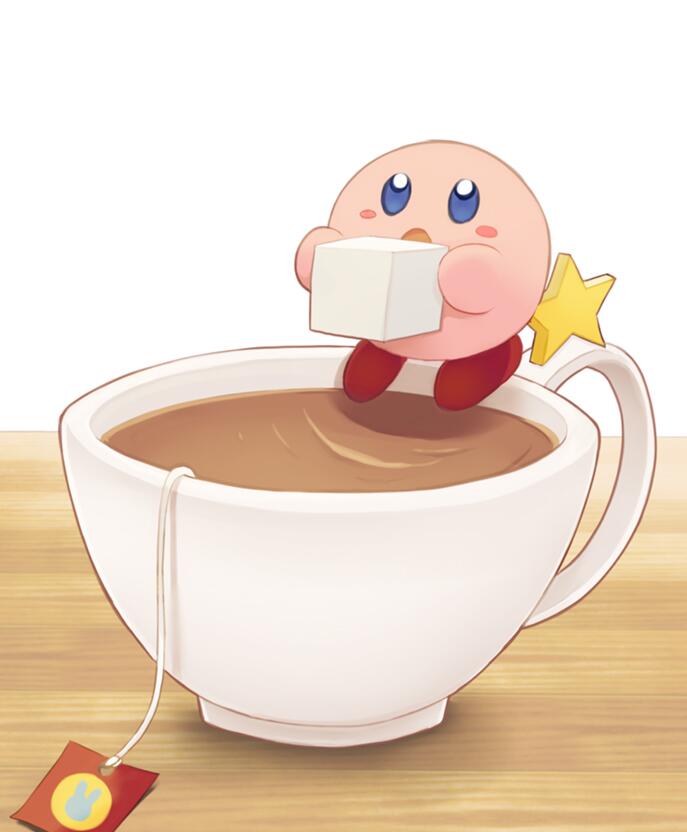 1boy amripo blue_eyes blush_stickers cup kirby kirby_(series) male_focus open_mouth ripples solo star sugar_cube teabag teacup