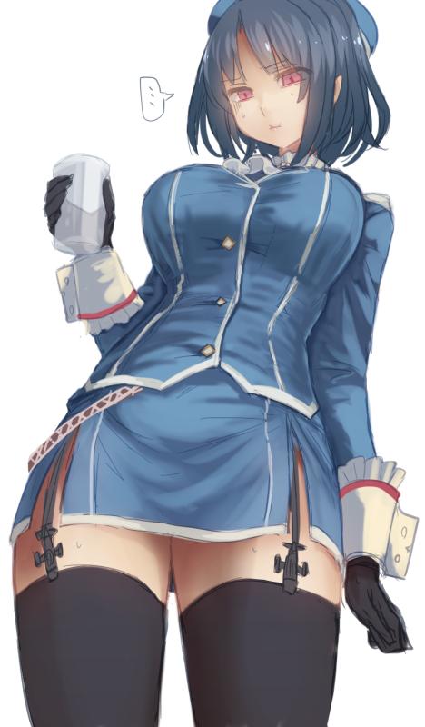 1girl beret black_gloves black_hair blue_jacket blue_skirt buttons closed_mouth cup eyes_visible_through_hair garter_straps gloves hat holding holding_cup jacket kantai_collection long_sleeves looking_at_viewer looking_down pencil_skirt red_eyes short_hair simple_background skirt solo takao_(kantai_collection) thigh-highs thighs underbust utopia white_background