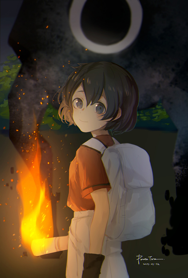 1girl 2017 artist_request backpack bag black_cerulean_(kemono_friends) black_gloves black_hair blue_eyes bush cowboy_shot dated eyebrows_visible_through_hair fire from_behind from_side gloves ground hair_between_eyes kaban kemono_friends looking_at_viewer looking_back monster one-eyed red_shirt shirt short_hair short_sleeves shorts signature sky smile spoilers tareme torch white_shorts