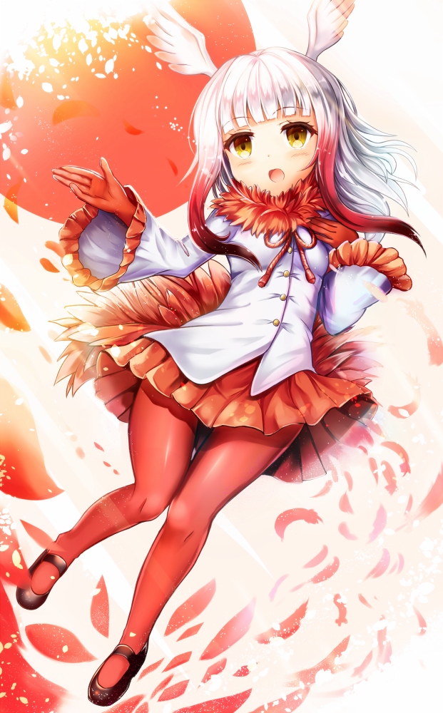 1girl bangs blunt_bangs blush crested_ibis_(kemono_friends) feathers frills gloves head_wings kemono_friends long_sleeves multicolored_hair music open_mouth pantyhose pleated_skirt red_gloves red_legwear redhead sakura_ani shirt sidelocks singing skirt solo tail two-tone_hair white_hair white_shirt