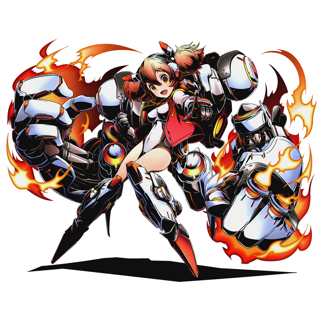 1girl breasts brown_eyes covered_navel divine_gate eyebrows_visible_through_hair fire full_body hair_between_eyes index_finger_raised kikai_musume leotard long_hair looking_at_viewer mecha_musume medium_breasts official_art open_mouth redhead shadow shiranui_(kikai_musume) short_twintails solo transparent_background twintails ucmm white_leotard