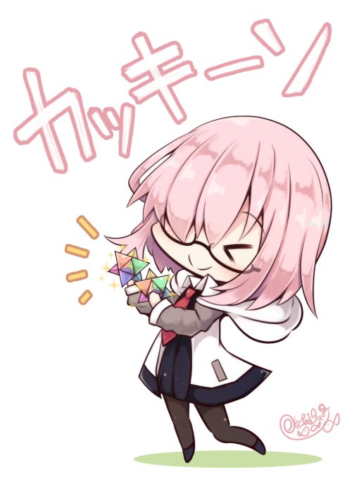 &gt;_&lt; 1girl artist_name beni_shake black_dress black_legwear c: chibi closed_eyes closed_mouth dress eyebrows_visible_through_hair fate/grand_order fate_(series) full_body hair_over_one_eye holding hood hoodie open_clothes open_hoodie pantyhose pink_hair saint_quartz shielder_(fate/grand_order) short_dress short_hair signature simple_background solo standing twitter_username white_background