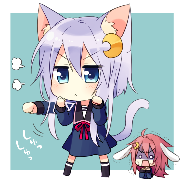 &gt;:&lt; &gt;:o 2girls :o ahoge animal_ears blue_background blue_eyes cat_ears cat_tail chibi closed_mouth commentary_request crescent crescent_hair_ornament hair_ornament kantai_collection long_sleeves multiple_girls nagasioo neck_ribbon o_o purple_hair rabbit_ears ribbon sailor_collar shaded_face short_hair_with_long_locks tail uzuki_(kantai_collection) yayoi_(kantai_collection)