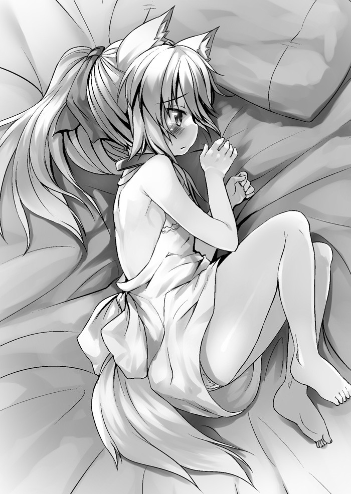 1girl animal_ears backless_dress backless_outfit barefoot blush child dog_ears dog_tail dress fetal_position hair_ribbon long_hair lying monochrome on_bed on_side original panties pillow ponytail ribbon sad tail tears toba_hiyoko