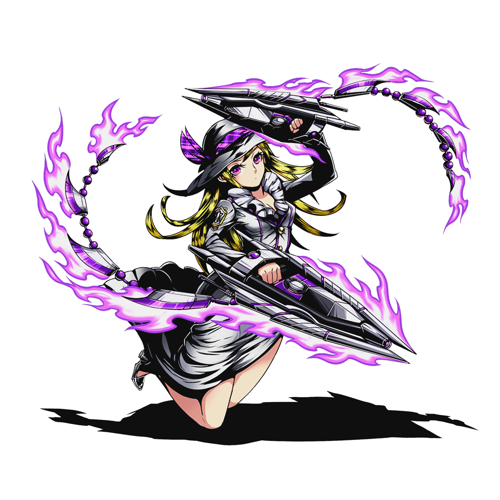 1girl arm_up blonde_hair breasts character_request cleavage divine_gate dress entaku_no_kishi full_body hat holding holding_weapon long_hair looking_at_viewer medium_breasts official_art purple_ribbon ribbon shadow solo sun_hat transparent_background ucmm violet_eyes weapon white_dress white_hat