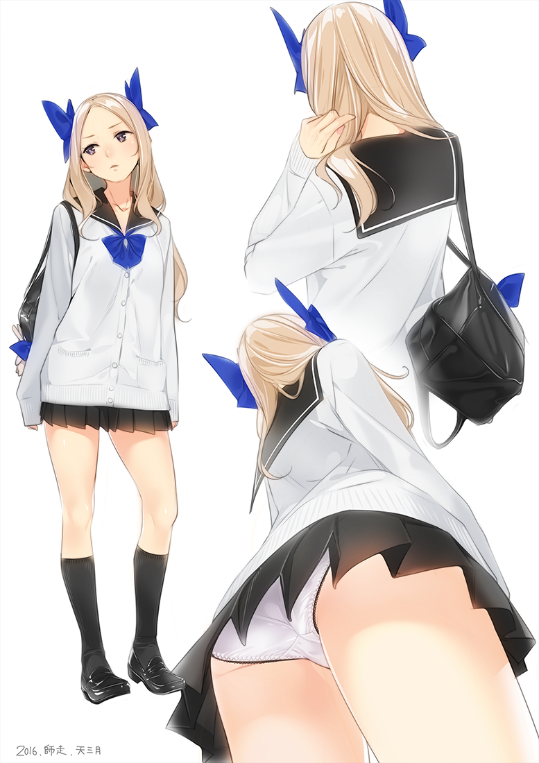 1girl 2016 adjusting_hair alternate_costume ama_mitsuki arms_at_sides asakaze_(kantai_collection) ass bag black_legwear black_shoes black_skirt blonde_hair blue_bow blue_bowtie bow bowtie buttons collarbone commentary contrapposto dated from_behind from_below hair_bow handbag kantai_collection kneehighs light_brown_hair loafers long_sleeves looking_to_the_side miniskirt multiple_views panties pantyshot pleated_skirt pocket school_uniform serafuku shoes shoulder_bag simple_background skirt sleeves_past_wrists socks tareme thighs underwear upskirt violet_eyes white_background white_panties