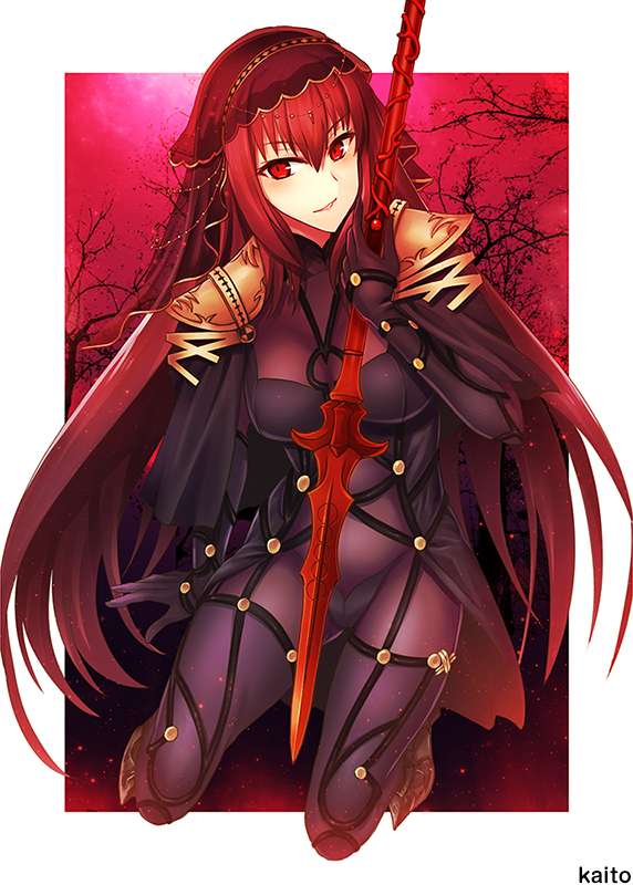 1girl armor artist_name blush bodysuit breasts covered_navel fate/grand_order fate_(series) full_body gae_bolg gloves holding holding_weapon jewelry long_hair looking_at_viewer polearm purple_bodysuit purple_hair red_eyes scathach_(fate/grand_order) serious shoulder_armor smile solo spear veil weapon