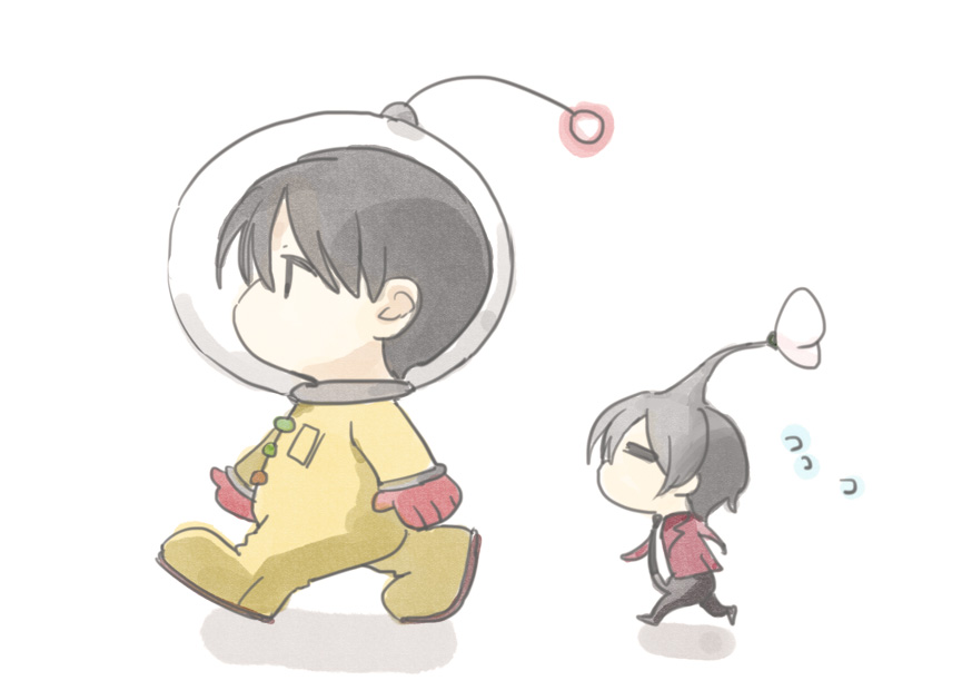 1044kiro 2boys =_= black_hair cosplay flower flower_on_head flying_sweatdrops fuyumi_jun gloves grey_hair helmet idolmaster idolmaster_side-m male_focus multiple_boys necktie olimar olimar_(cosplay) pikmin red_gloves sakaki_natsuki short_hair simple_background spacesuit walking white_background