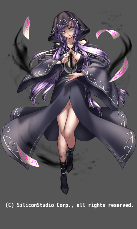 1girl bare_shoulders boots center_opening company_name crystal_ball full_body green_eyes grey_background gyakushuu_no_fantasica hood long_hair official_art open_mouth purple_hair ryuki@maguro-ex simple_background solo