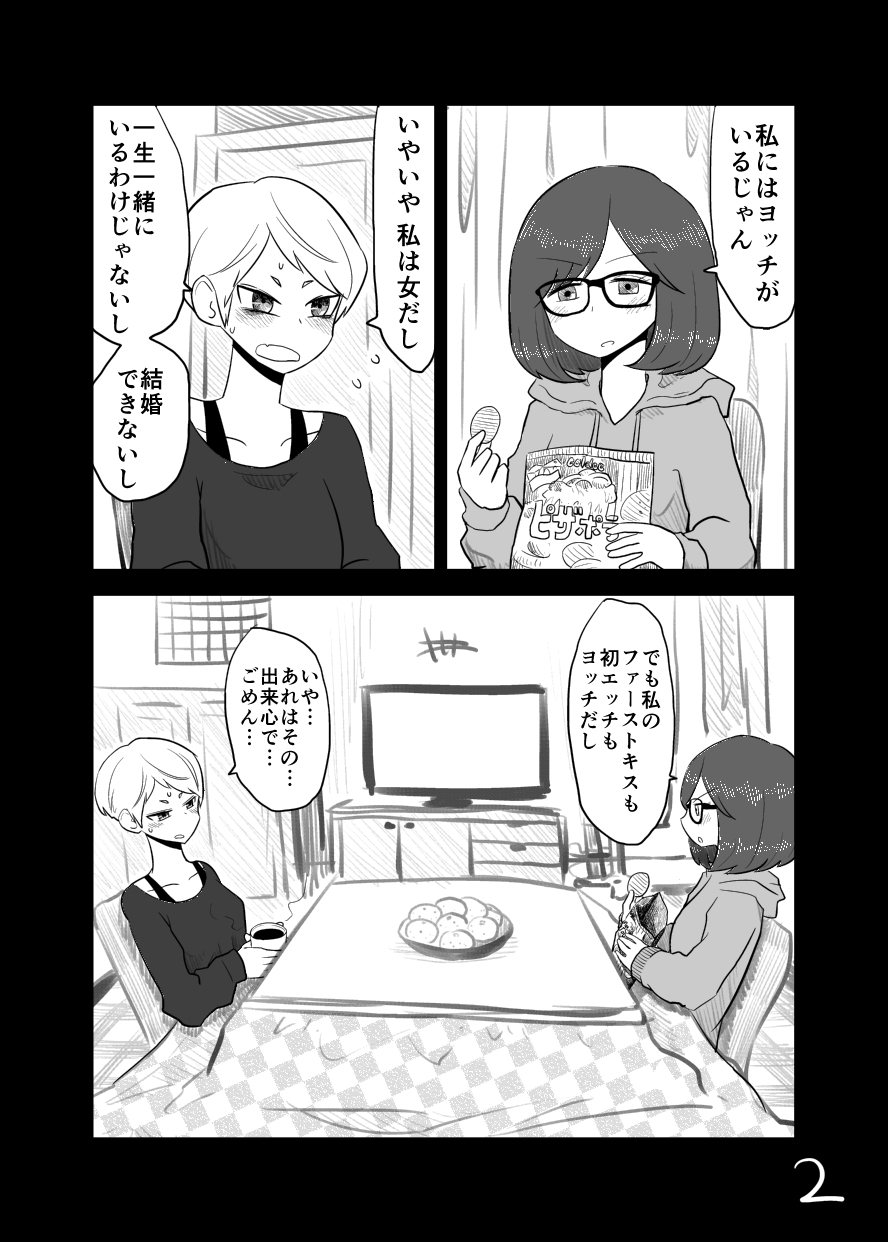 2girls bag_of_chips blush bowl chips comic eating flying_sweatdrops food fruit glasses greyscale highres holding kotatsu mochi_au_lait monochrome multiple_girls open_mouth orange original page_number short_hair sitting table television translation_request