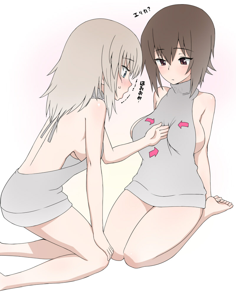 2girls backless_outfit bag bangs bare_back between_breasts blue_eyes blush breasts brown_eyes brown_hair dress girls_und_panzer grey_sweater hand_between_breasts itsumi_erika kneeling looking_at_another meme_attire multiple_girls naked_sweater nishizumi_maho open-back_dress seiza short_hair sideboob silver_hair sitting sweatdrop sweater sweater_dress translated turtleneck turtleneck_sweater virgin_killer_sweater wata_do_chinkuru white_background