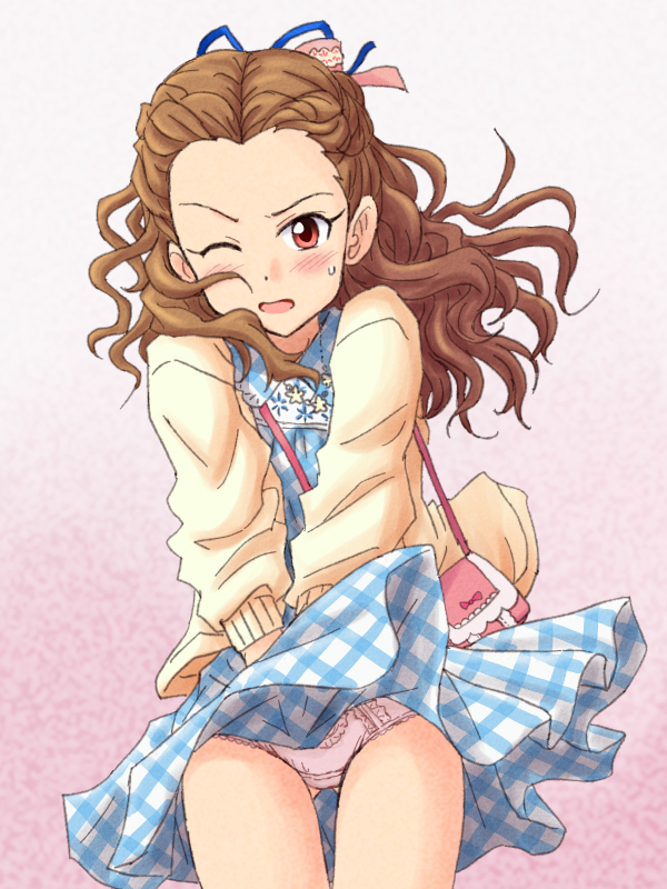 1girl bag bangs blue_dress blush brown_hair cardigan carrying checkered checkered_dress collared_dress cowboy_shot crotch_seam curly_hair dress dress_tug gluteal_fold gradient gradient_background hair_ribbon handbag idolmaster idolmaster_cinderella_girls lace lace-trimmed_panties lielos long_hair looking_at_viewer one_eye_closed open_mouth panties pink_background pink_panties red_eyes red_ribbon ribbon seki_hiromi short_dress solo standing sweatdrop sweater thigh_gap underwear wince wind wind_lift yellow_sweater