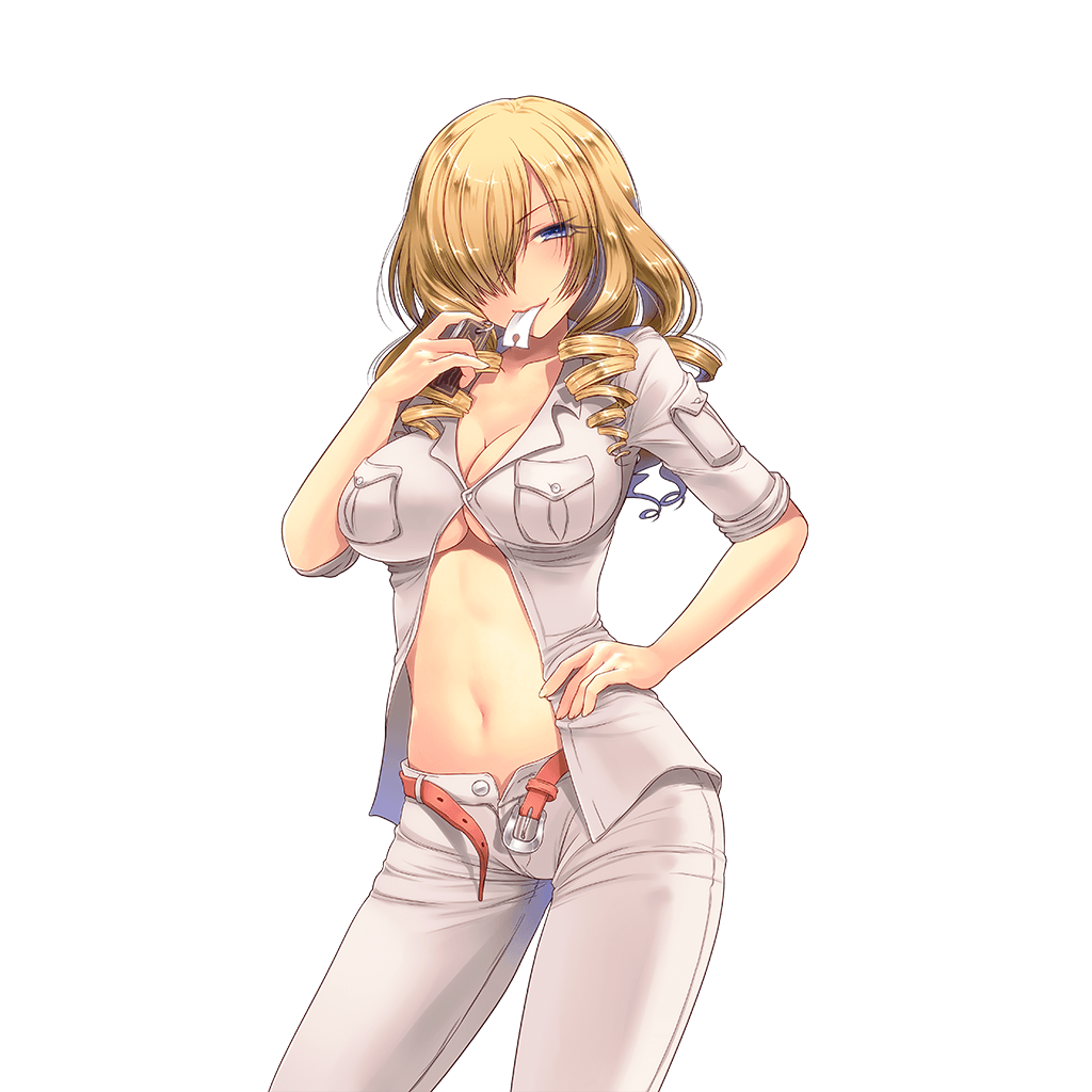 108_gou 1girl belt blonde_hair blue_eyes blush breast_pocket breasts cleavage collarbone cowboy_shot drill_hair hair_over_one_eye hand_on_hip large_breasts long_hair looking_at_viewer midriff mouth_hold navel open_fly oriana_thomason paper pocket simple_background sleeves_rolled_up smile solo stomach to_aru_majutsu_no_index uchi_no_hime-sama_ga_ichiban_kawaii unbuckled_belt unbuttoned under_boob undone_belt