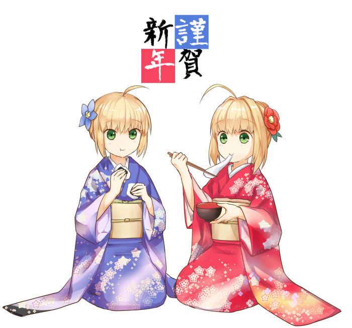 1girl :t ahoge alle_gro artoria_pendragon_(all) bangs blonde_hair blue_flower blue_kimono camellia_(flower) closed_mouth eating eyebrows_visible_through_hair fate/extra fate/stay_night fate_(series) flower food furisode green_eyes hair_flower hair_intakes hair_ornament happy_new_year holding holding_chopsticks holding_food japanese_clothes kimono mochi nengajou nero_claudius_(fate) nero_claudius_(fate)_(all) new_year obi onigiri red_flower red_kimono saber saber_extra sash seiza short_hair short_hair_with_long_locks sidelocks simple_background sitting solo translated wagashi white_background zouni_soup