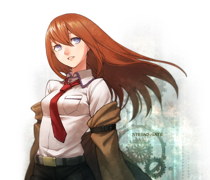 1girl belt blue_eyes breasts brown_hair collared_shirt copyright_name gears hair_between_eyes jacket long_hair looking_to_the_side makise_kurisu necktie nekorin_(nekoforest) off_shoulder shirt solo steins;gate upper_body wind