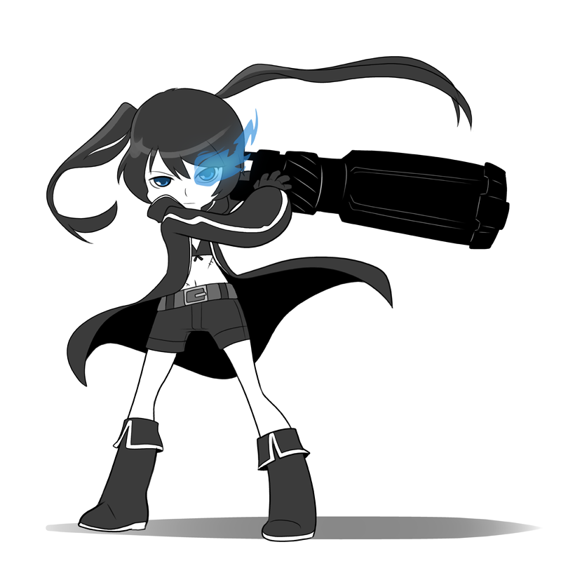 10s 1girl arm_cannon belt black_boots black_coat black_rock_shooter black_rock_shooter_(character) blue_eyes boots burning_eyes front-tie_top mary_cagle midriff monochrome navel scar serious short_shorts shorts solo spot_color twintails weapon