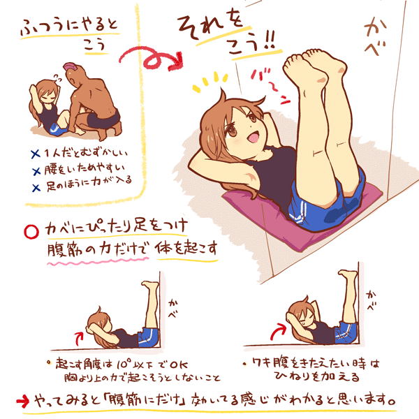 1boy 1girl cushion exercise instructions mohawk nakashima_(middle_earth) shorts translation_request wall